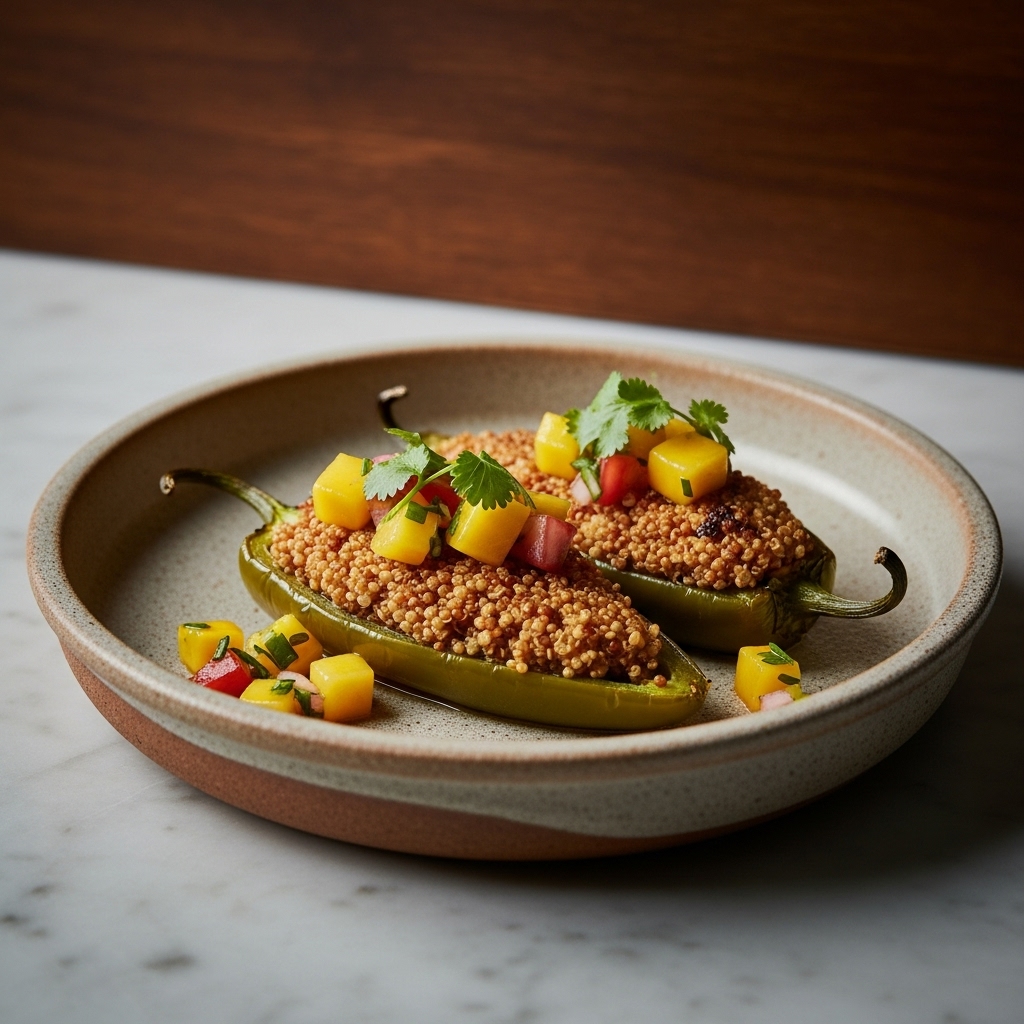 “Scrumptious Vegan Mexican Snack: Smoky Quinoa-Stuffed Roasted Jalapeños with Spicy Mango Salsa”